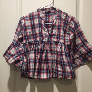 NWOT Street One women band collar plaid crop top pleats trumpet sleeves no size
